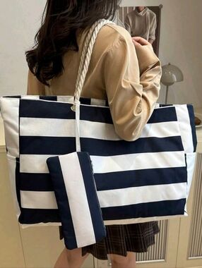 Striped Navy and White Tote Bag with Pouch